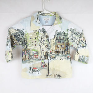 Button Front Graphic Jacket Old Time City Town